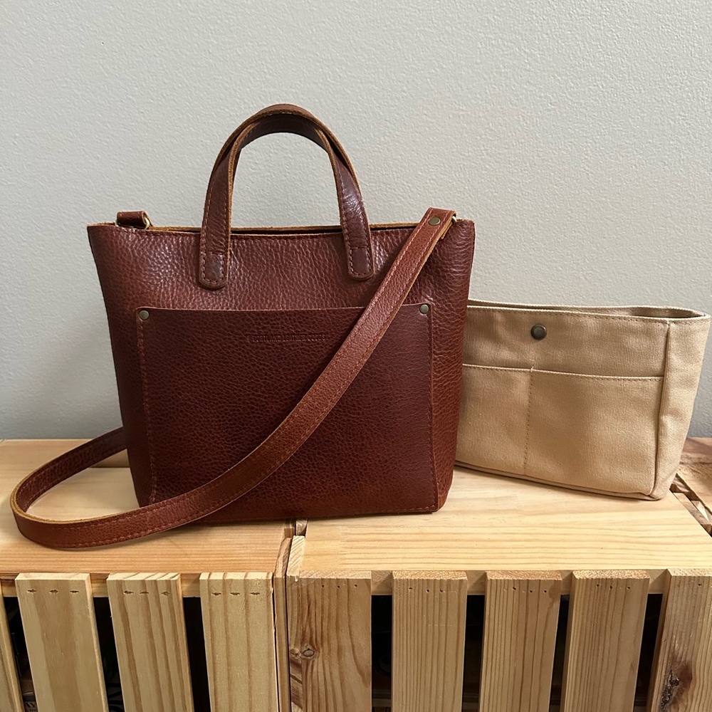 2 Piece - Portland Leather Mini Crossbody Tote + Canvas Organizer! Nutmeg Color
